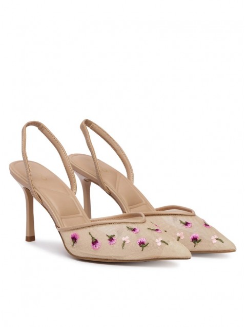 ALDO Carollina Beige Women's Slingback Heels with Embroidered Flowers