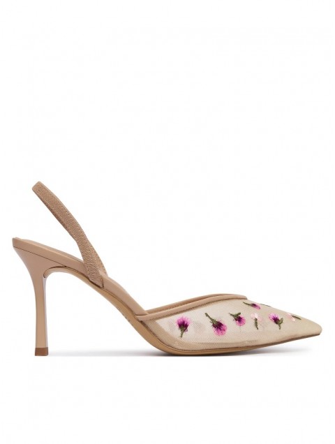 ALDO Carollina Beige Women's Slingback Heels with Embroidered Flowers
