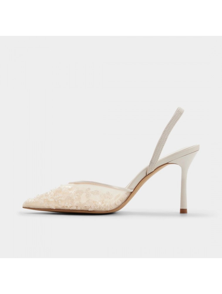 ALDO Carollina Ecru Women's Slingback Heels with Embroidered Flowers