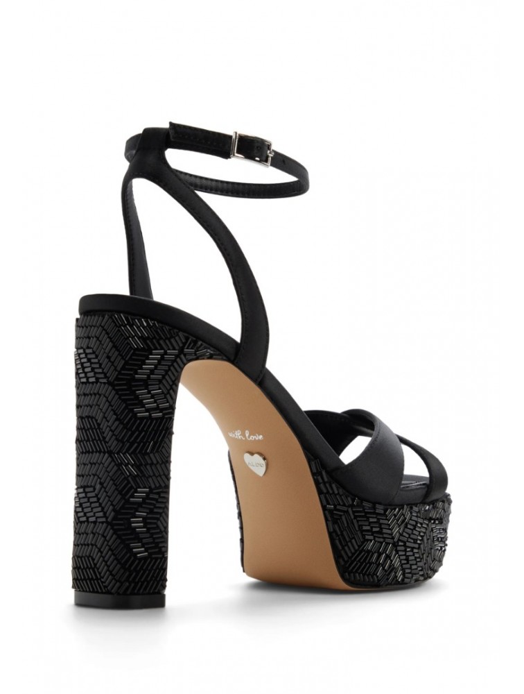 ALDO Rosine Black Satin Women's Sandals with Fiapa and Rhinestones