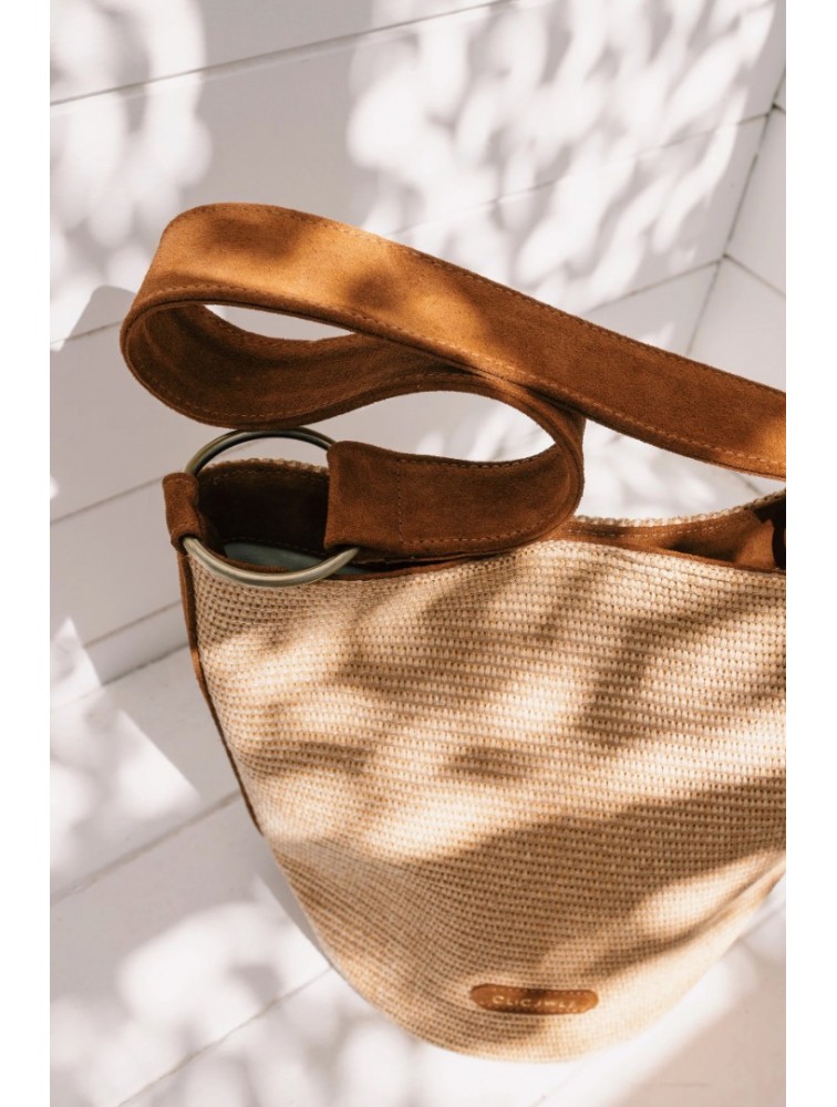 CLIC JEWELS SANDRA BUCKETBAG Natural Raffia Suede Genuine Leather Μπεζ Δερμάτινη Γυναικεία Τσάντα Ώμου