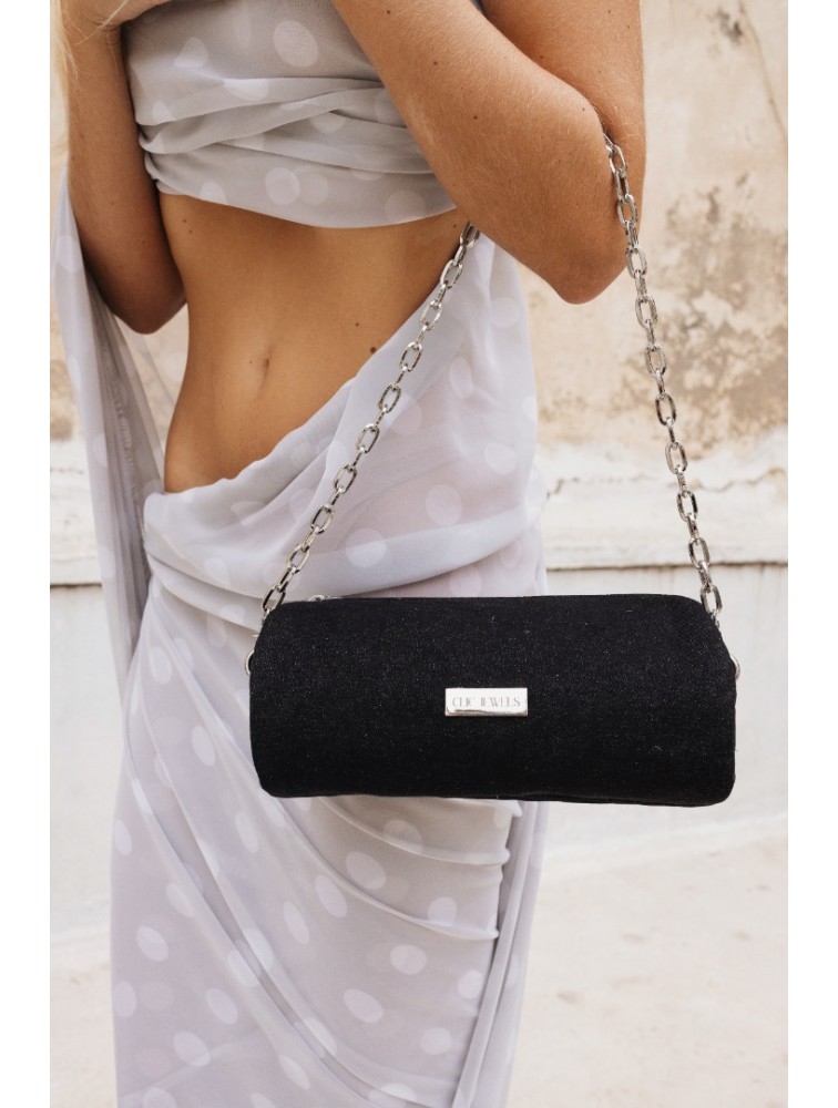 CLIC JEWELS Barrel Bag Black Denim Μαύρο Τζιν Βαρελάκι Τσάντα
