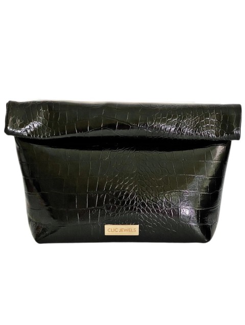 CLIC JEWELS Alex Lunchbag Black Croco Genuine Leather Μαύρη Κροκό Δερμάτινη Τσάντα