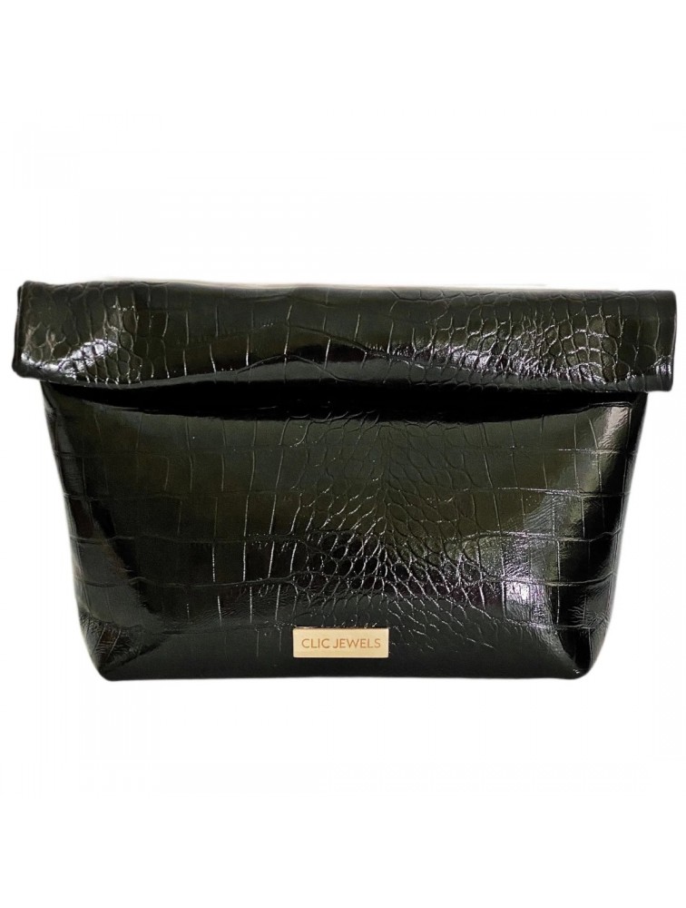 CLIC JEWELS Alex Lunchbag Black Croco Genuine Leather Μαύρη Κροκό Δερμάτινη Τσάντα