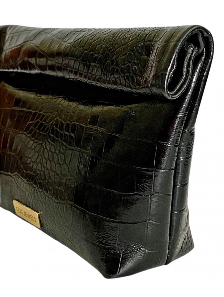 CLIC JEWELS Alex Lunchbag Black Croco Genuine Leather Μαύρη Κροκό Δερμάτινη Τσάντα