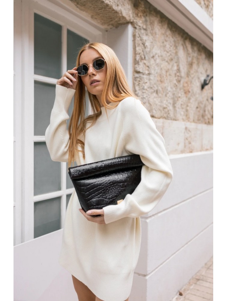 CLIC JEWELS Alex Lunchbag Black Croco Genuine Leather Μαύρη Κροκό Δερμάτινη Τσάντα