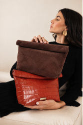 CLIC JEWELS Alex Lunchbag Brown Suede Genuine Leather Σκούρο Καφέ Σουέντ Τσάντα