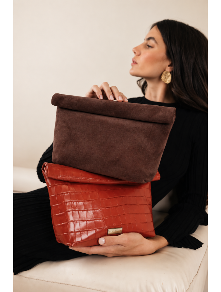 CLIC JEWELS Alex Lunchbag Brown Suede Genuine Leather Σκούρο Καφέ Σουέντ Τσάντα