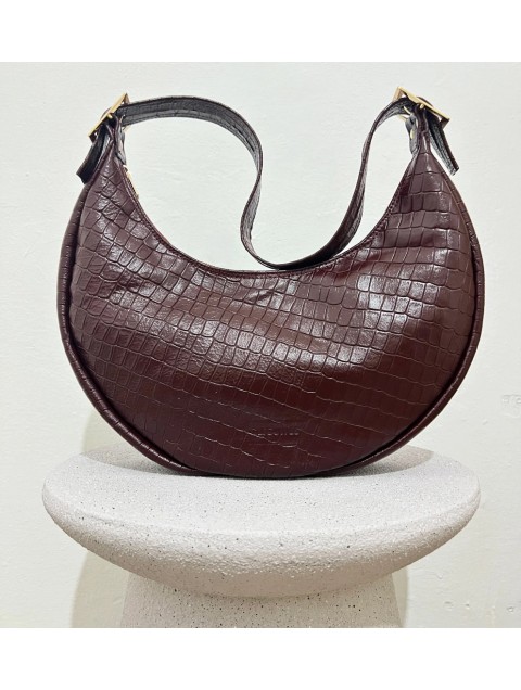 CLIC JEWELS Big Halfmoon Brown Bordeaux Croco Genuine Leather Καφέ Μπορντώ Κροκό Δερμάτινη Τσάντα Ώμου