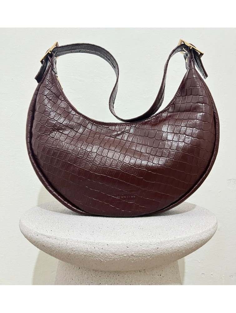 CLIC JEWELS Big Halfmoon Brown Bordeaux Croco Genuine Leather Καφέ Μπορντώ Κροκό Δερμάτινη Τσάντα Ώμου