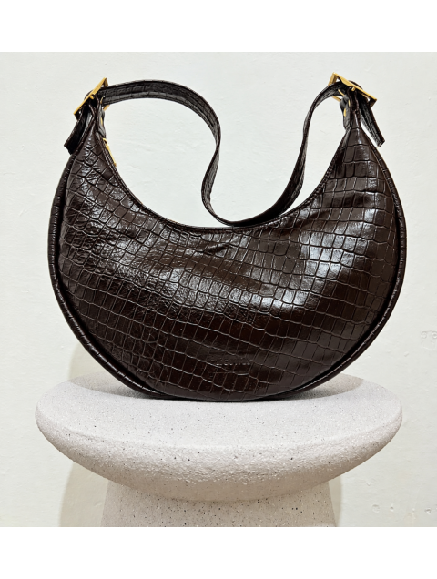 CLIC JEWELS Big Halfmoon Brown Croco Genuine Leather Καφέ Κροκό Δερμάτινη Τσάντα