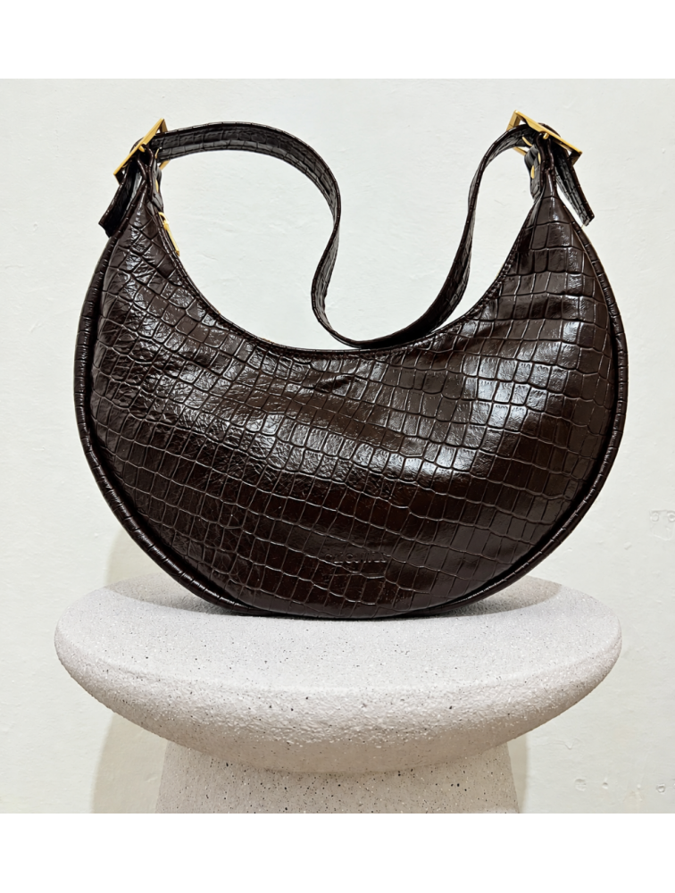 CLIC JEWELS Big Halfmoon Brown Croco Genuine Leather Καφέ Κροκό Δερμάτινη Τσάντα