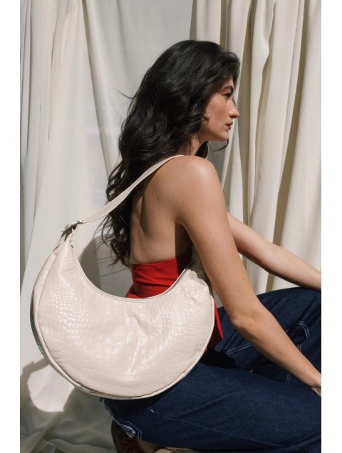 CLIC JEWELS Big Halfmoon Vanilla Croco Genuine Leather Εκρού Κροκό Δερμάτινη Τσάντα Ώμου