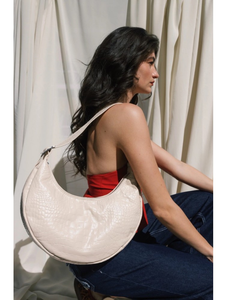 CLIC JEWELS Big Halfmoon Vanilla Croco Genuine Leather Ecru Croc Leather Shoulder Bag