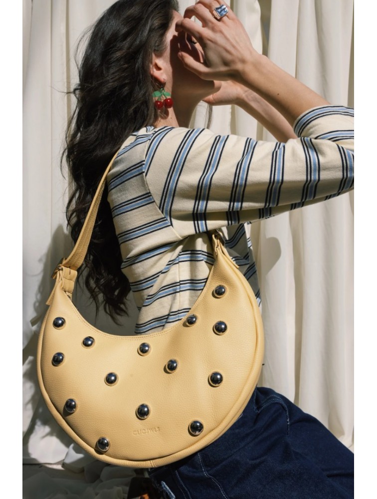 CLIC JEWELS Big Halfmoon Yellow Genuine Leather Shoulder Bag with Tassels