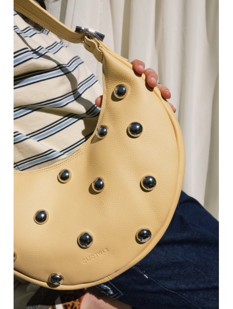 CLIC JEWELS Big Halfmoon Yellow Genuine Leather Κίτρινη Δερμάτινη Τσάντα Ώμου με Τρουκς
