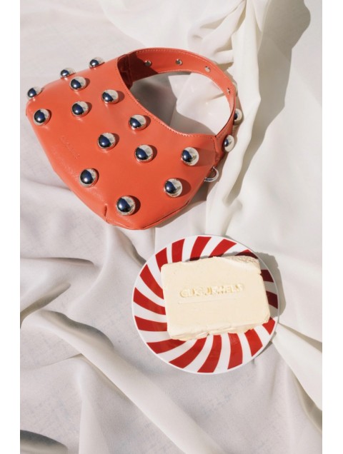 CLIC JEWELS Candy Mini Studs Peach Smooth Genuine Leather Δερμάτινη Ροδακινί Τσάντα με Ασημί Τρουκς
