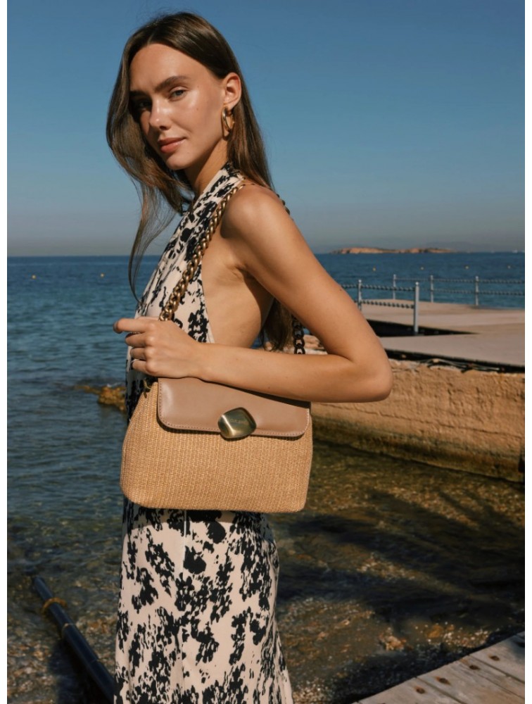 CLIC JEWELS DONNA MEDIUM Natural Raffia Genuine Leather Καφέ Γυναικεία Τσάντα Ώμου Με Ψάθα