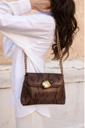 CLIC JEWELS Donna Medium Brown Snakeprint Genuine Leather Καφέ Φίδι Δερμάτινη Τσάντα