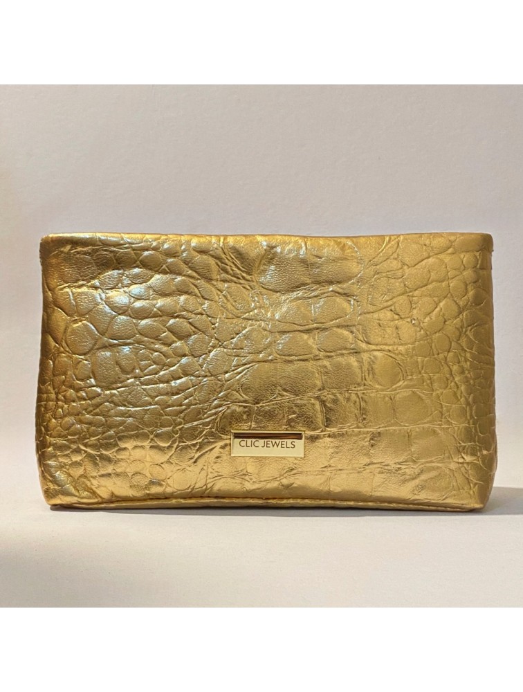 CLIC JEWELS EMMA SMALL ZIPPER CLUTCH (gold croco genuine leather) Χρυσό Τσαντάκι Clutch