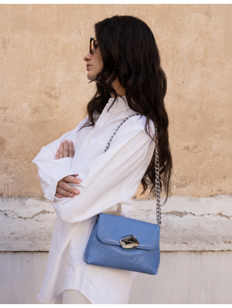 CLIC JEWELS Maya Minibag Sky Blue Croco Genuine Leather Γαλάζια Κροκό Δερμάτινη Τσάντα