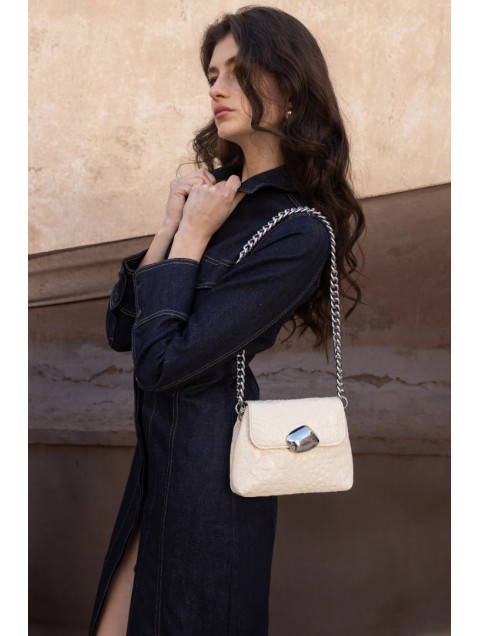 CLIC JEWELS Maya Minibag Vanilla Croco Genuine Leather Εκρού Κροκό Δερμάτινη Τσάντα Ώμου