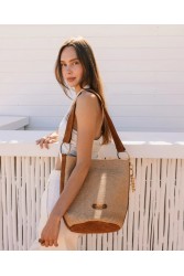 CLIC JEWELS SANDRA BUCKETBAG Natural Raffia Suede Genuine Leather Μπεζ Δερμάτινη Γυναικεία Τσάντα Ώμου