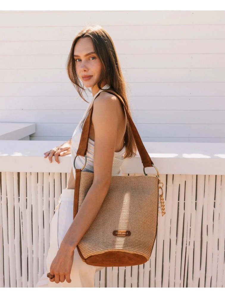 CLIC JEWELS SANDRA BUCKETBAG Natural Raffia Suede Genuine Leather Μπεζ Δερμάτινη Γυναικεία Τσάντα Ώμου
