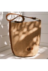 CLIC JEWELS SANDRA BUCKETBAG Natural Raffia Suede Genuine Leather Μπεζ Δερμάτινη Γυναικεία Τσάντα Ώμου