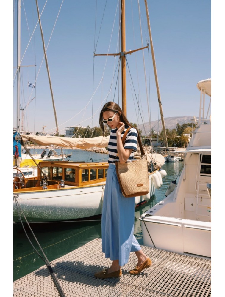 CLIC JEWELS SANDRA BUCKETBAG Natural Raffia Suede Genuine Leather Μπεζ Δερμάτινη Γυναικεία Τσάντα Ώμου