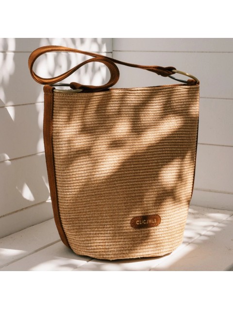 CLIC JEWELS SANDRA BUCKETBAG Natural Raffia Suede Genuine Leather Μπεζ Δερμάτινη Γυναικεία Τσάντα Ώμου