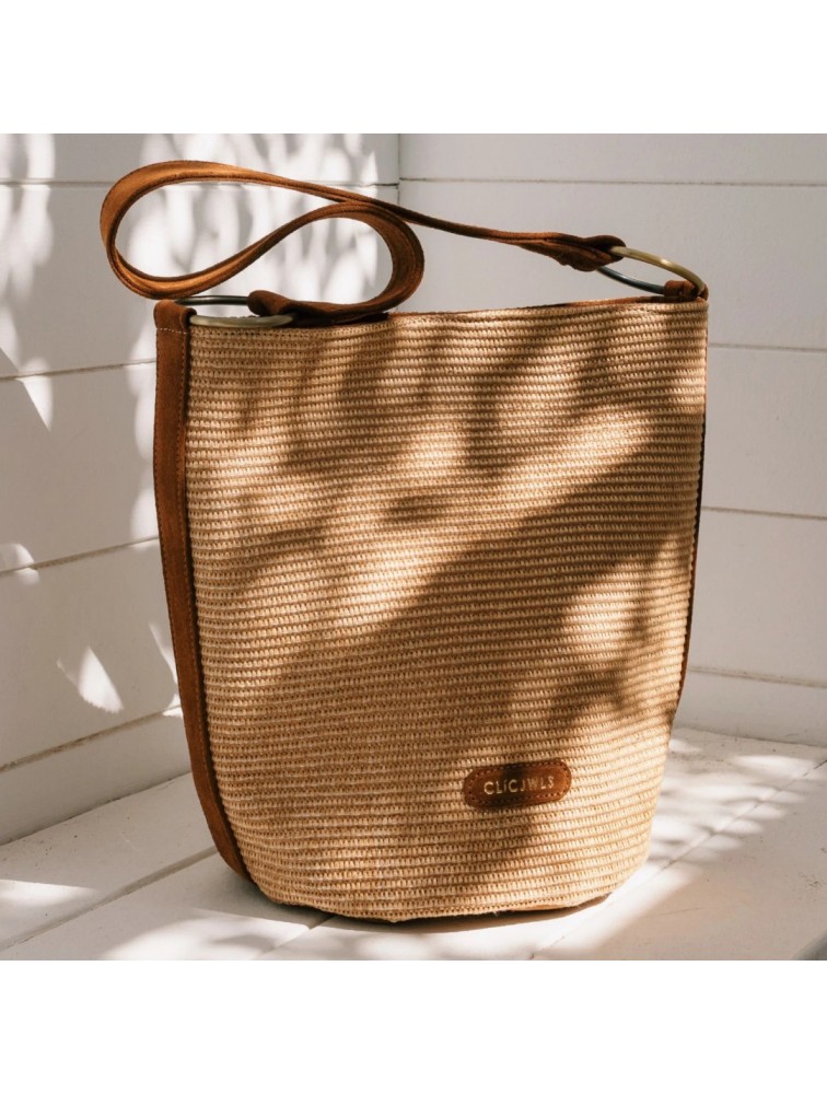 CLIC JEWELS SANDRA BUCKETBAG Natural Raffia Suede Genuine Leather Μπεζ Δερμάτινη Γυναικεία Τσάντα Ώμου