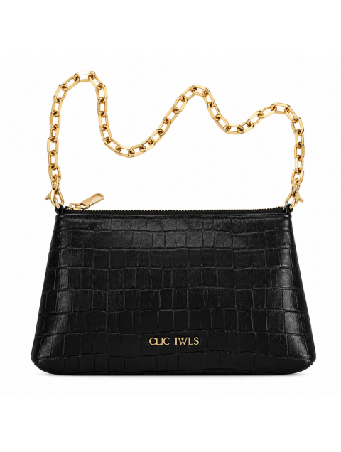 CLIC JEWELS Zipper Clutch Black Croco Genuine Leather Μαύρη Κροκό Δερμάτινη Τσάντα