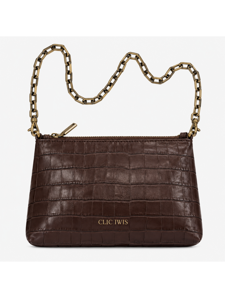 CLIC JEWELS Zipper Clutch Brown Croco Genuine Leather Καφέ Κροκό Δερμάτινη Τσάντα
