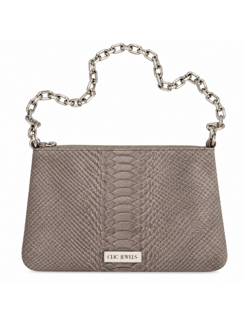 CLIC JEWELS Zipper Clutch Elephant Grey Python Suede Genuine Leather Γκρι Δερμάτινη Τσάντα