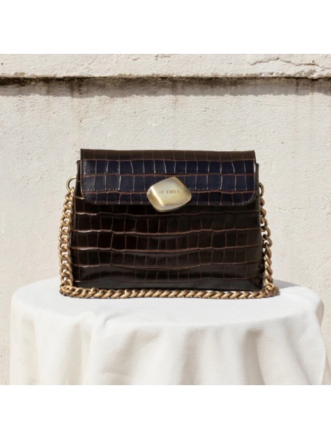 CLIC JEWELS Donna Medium Dark Brown Croco Καφέ Κροκό Γυναικεία Δερμάτινη Τσάντα