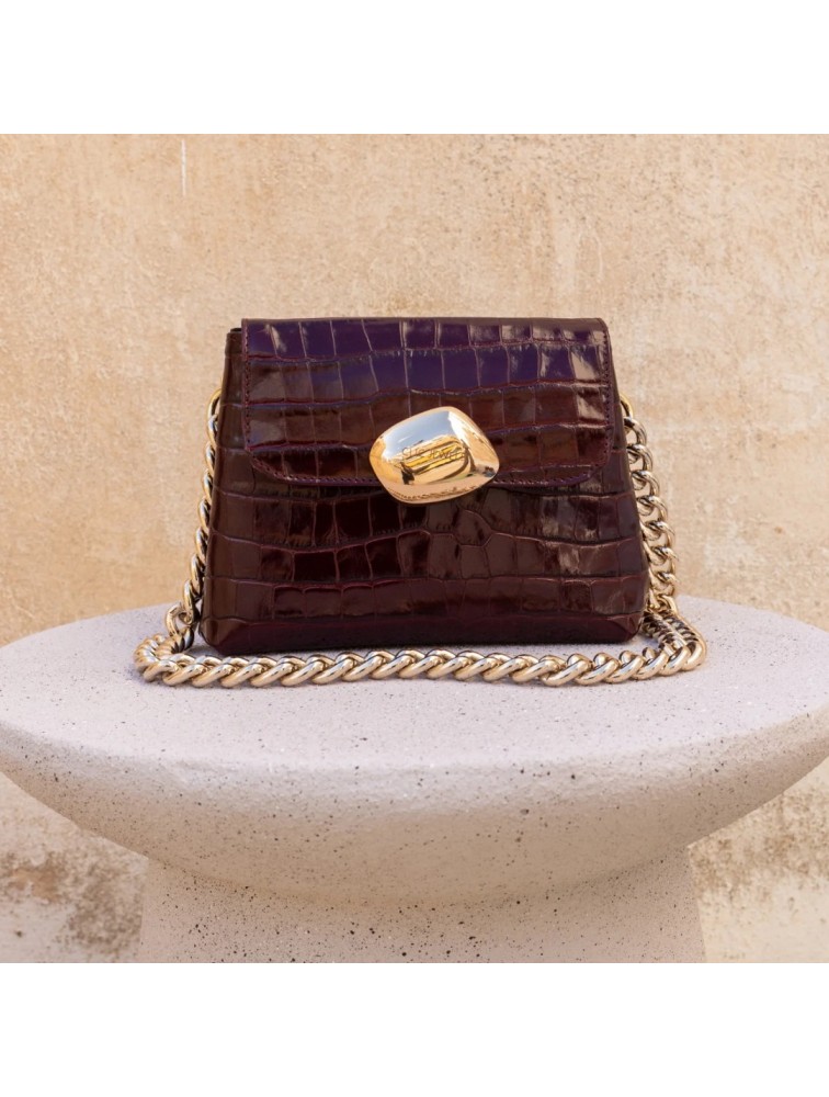 CLIC JEWELS Maya Minibag Bordeaux Croco Genuine Leather Μπορντώ Κροκό Δερμάτινη Γυναικεία Τσάντα