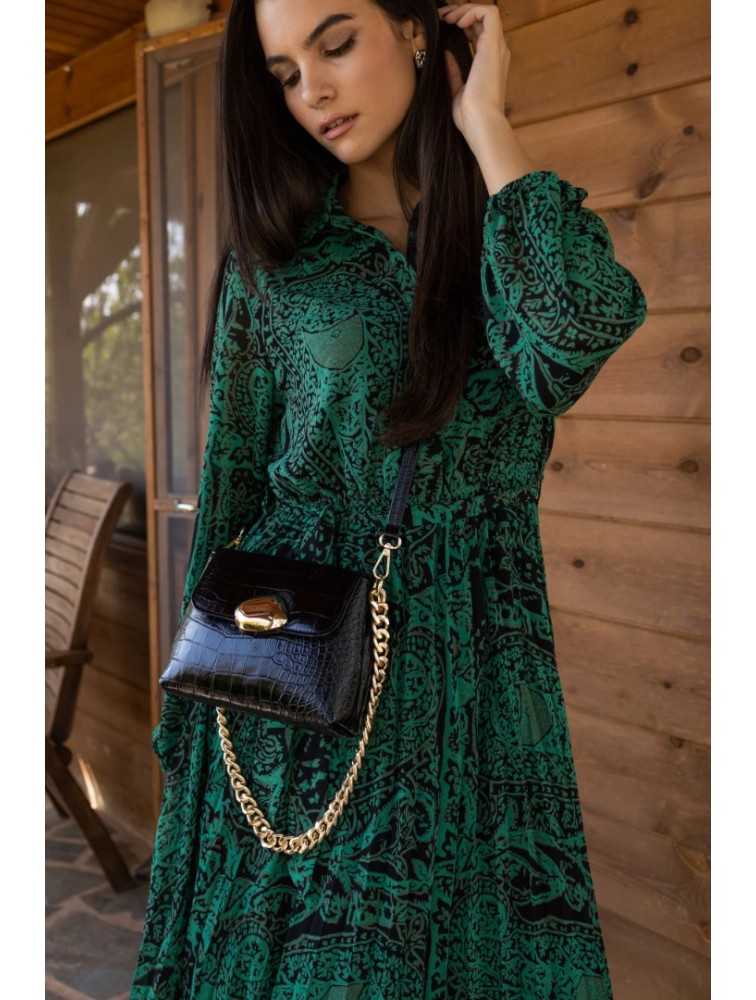 CLIC JEWELS Maya Minibag Black Croco Genuine Leather Μαύρη Κροκό Γυναικεία Δερμάτινη Τσάντα