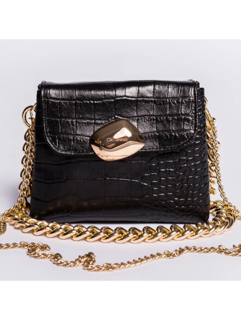 CLIC JEWELS Maya Minibag Black Croco Genuine Leather Μαύρη Κροκό Γυναικεία Δερμάτινη Τσάντα