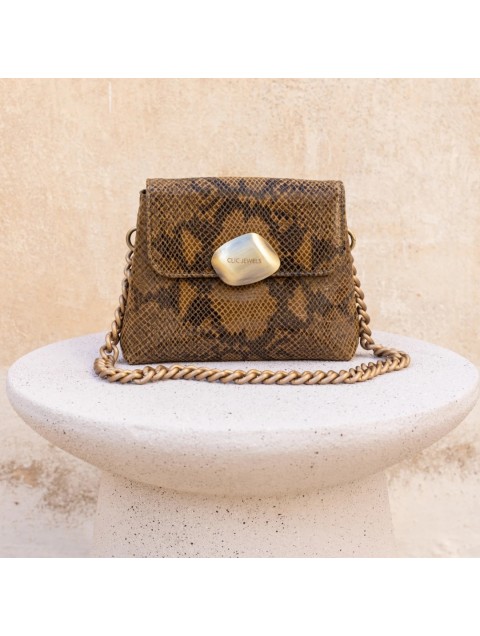 CLIC JEWELS Maya Minibag Khaki Snake Print Genuine Leather Χακί Δερμάτινη Τσάντα