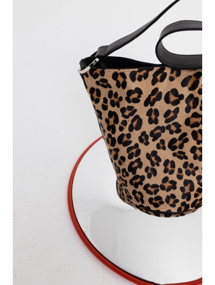 CLIC JEWELS SANDRA BUCKETBAG (animal print ponyskin/black dolaro genuine leather) Λεοπάρ τσάντα