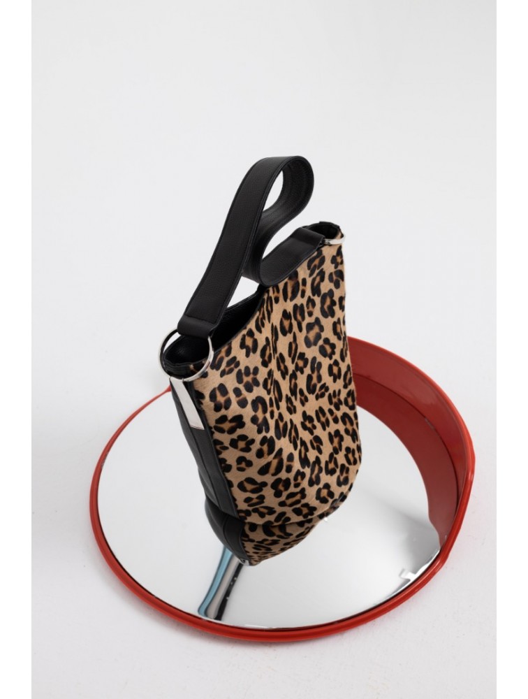 CLIC JEWELS SANDRA BUCKETBAG (animal print ponyskin/black dolaro genuine leather) Λεοπάρ τσάντα