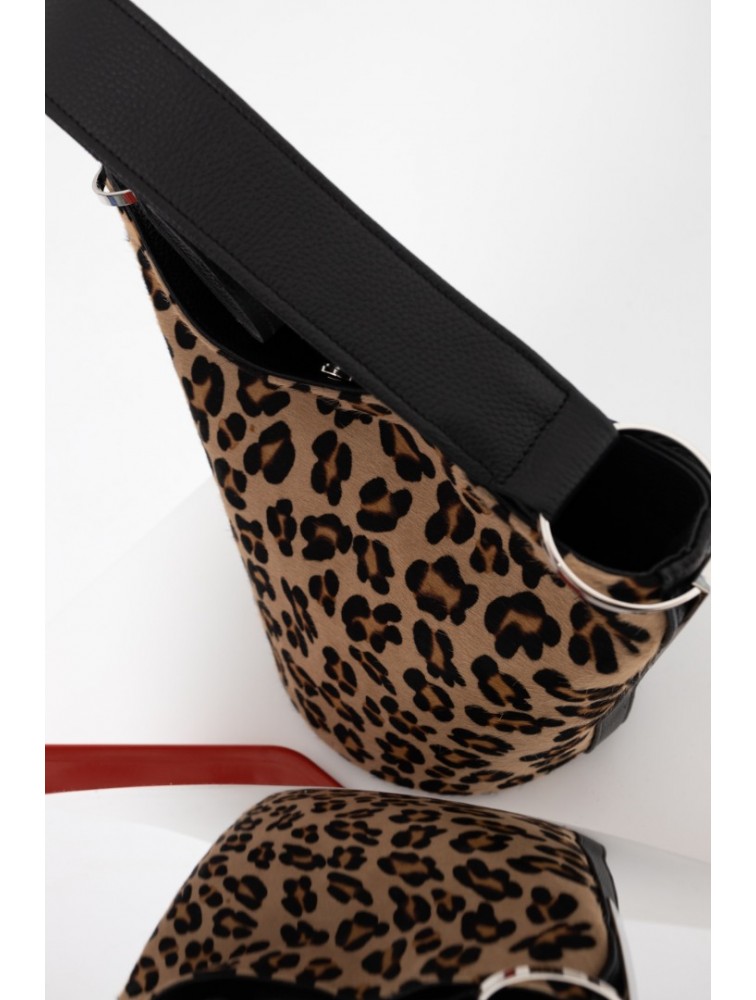 CLIC JEWELS SANDRA BUCKETBAG (animal print ponyskin/black dolaro genuine leather) Λεοπάρ τσάντα