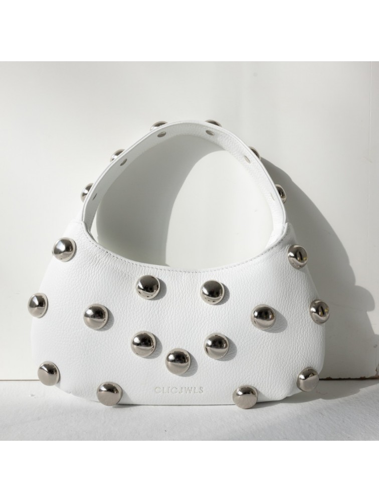CLIC JEWELS CANDY MINI (white dolaro genuine leather with studs) Λευκή Γυναικεία Τ΄σαντα Ώμου με τρουκς