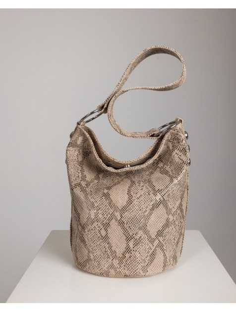 CLIC JEWELS SANDRA BUCKETBAG (python effect genuine leather) Μπεζ Γυναικεία Δερμάτινη Τσάντα Ώμου