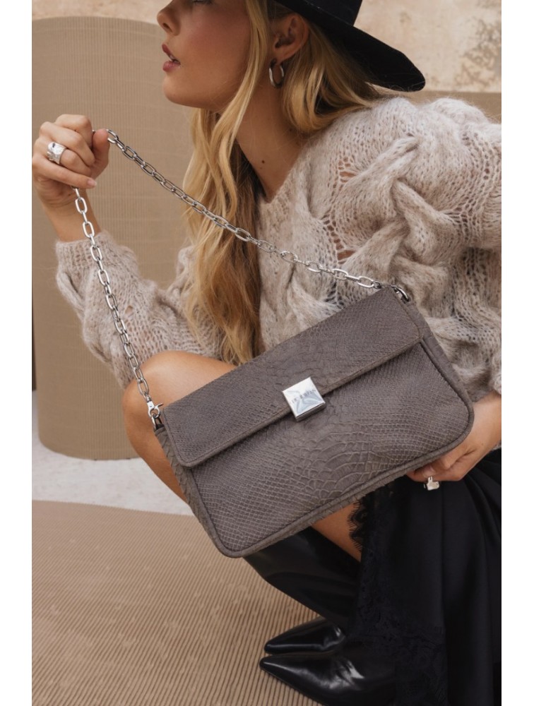 CLIC JEWELS Neira Medium Elephant Grey Snake Print Genuine Leather Γκρι Δερματινη Τσάντα