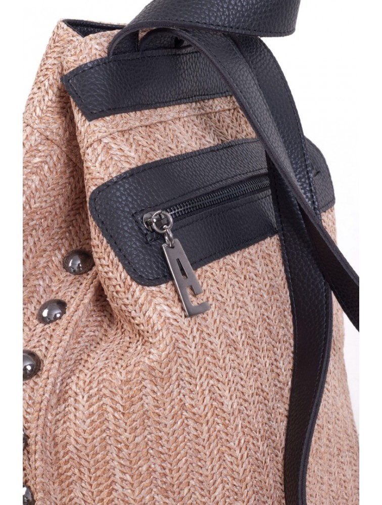 ELENA ATHANASIOU Black N’ Metal Backpack Vegan Straw Pink Ροζ Ψάθινη Γυναικεία Τσάντα Ώμου