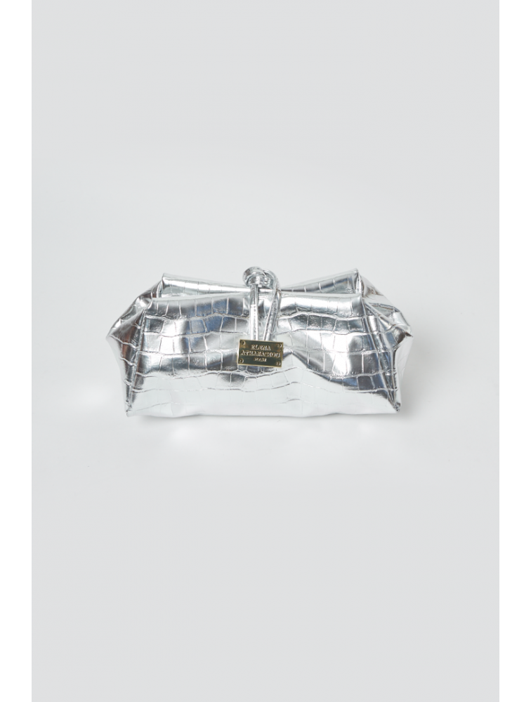 ELENA ATHANASIOU Croco Lunchbag Silver Ασημί Κροκό Τσάντα Χειρός