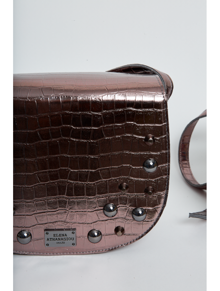 ELENA ATHANASIOU Croco Crossbody XL Metal Grey Μεταλλικό Γκρι Κροκό Τσάντα Χιαστί