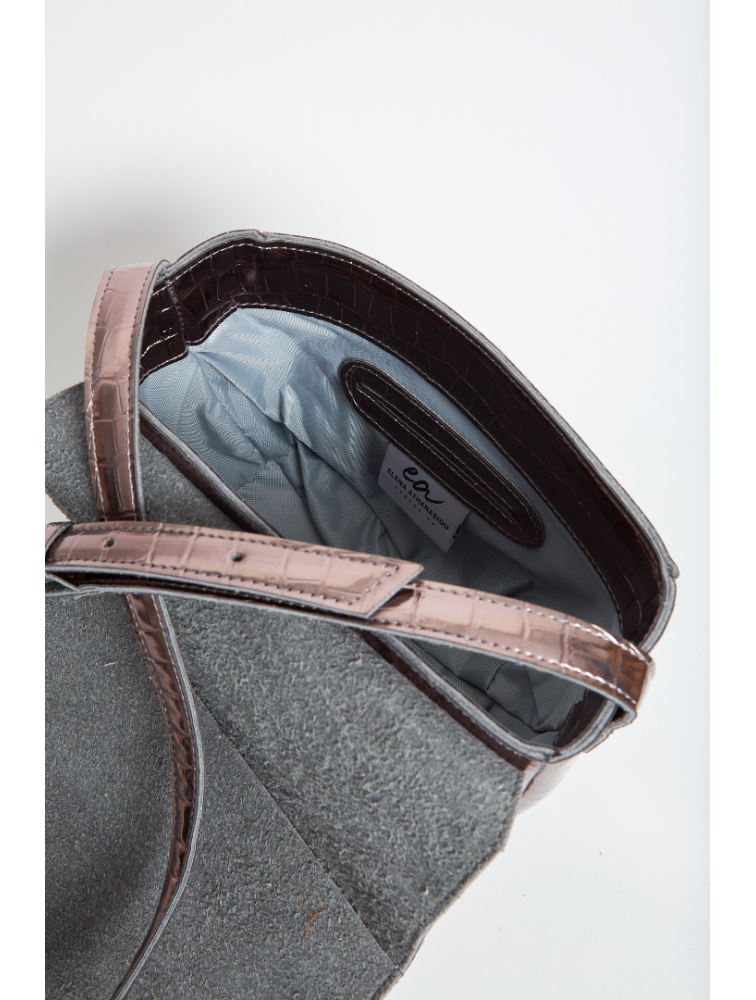 ELENA ATHANASIOU Croco Crossbody XL Metal Grey Μεταλλικό Γκρι Κροκό Τσάντα Χιαστί